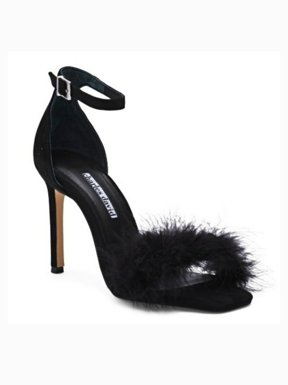 Charles David Black Feather-Trim Ankle-Strap Stiletto